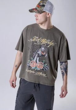 Ed Hardy Panther-Light Vintage- T-Shirt Print - Washed Dusty Olive
