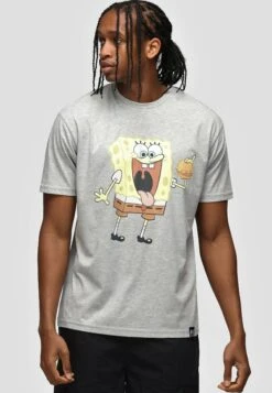 Spongebob Eating Burger - T-Shirt Print - Grey Marl