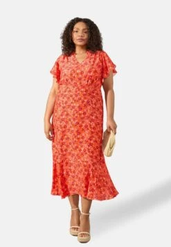 Floral Flutter Sleeve- Jurk - Red