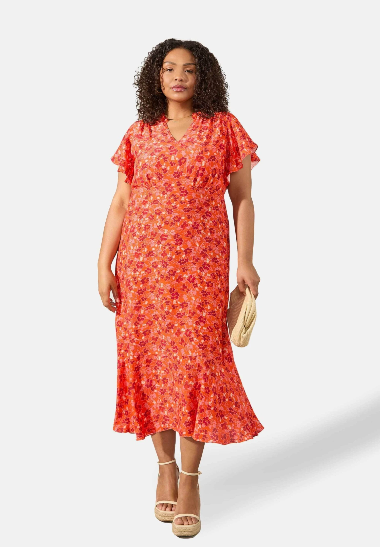 Floral Flutter Sleeve- Jurk - Red 3 Floral Flutter Sleeve- Jurk - Red