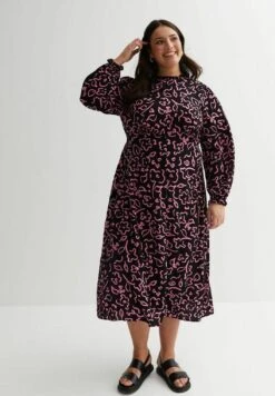 Curves Floral Frill High Neck Midi Smock - Jurk - Pink