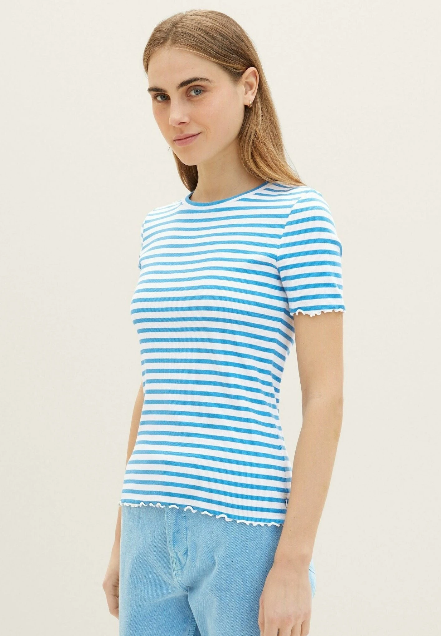 TOM TAILOR Denim Mit Streifen - T-Shirt Print - White Mid Blue Stripe 3 TOM TAILOR Denim Mit Streifen - T-Shirt Print - White Mid Blue Stripe