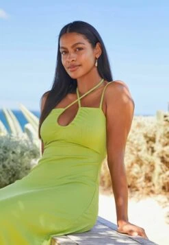 Next Strappy Midi Halter Standard - Jurk - Lime Green Ribbed -Mode Kledingwinkel 5d7fda5d351b48679bdedaaef9225409