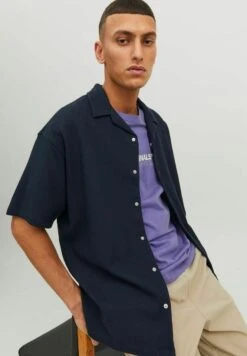 Jack & Jones Kurzarm Seersucker Freizeit - Overhemd - Navy Blazer -Mode Kledingwinkel bf8096401cc9404db508f31fedb21ae2